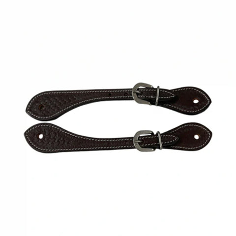 Horizontal Set of brown leather spur straps. 