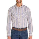 Blue and tan vintage stripe long sleeve pearl snap shirt. 