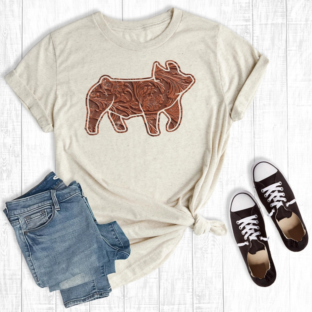 Cream Tooled Pig Tee with vintage pig silhouette and tooled leather-style filigree graphic on soft cotton fabric