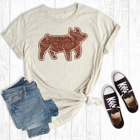 Cream Tooled Pig Tee with vintage pig silhouette and tooled leather-style filigree graphic on soft cotton fabric