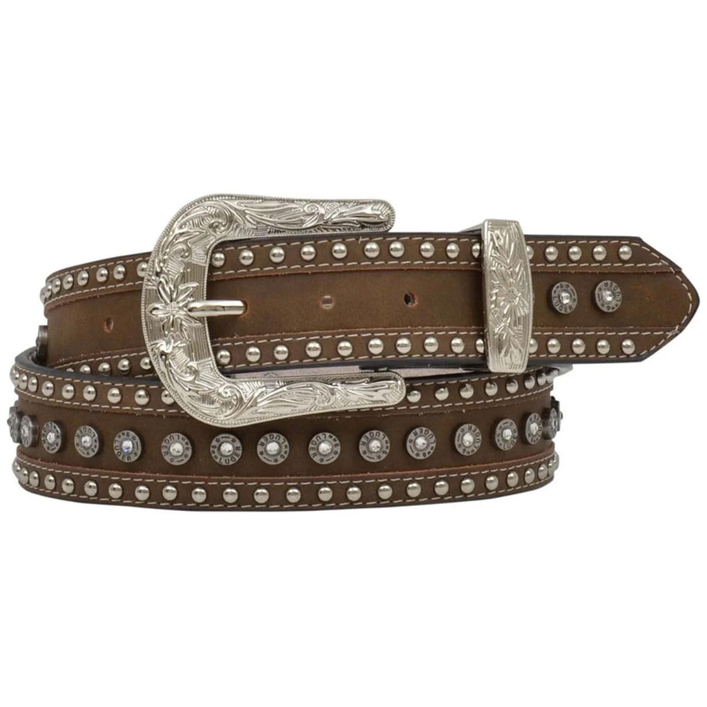 Brown leather belt with silver studs and buckle