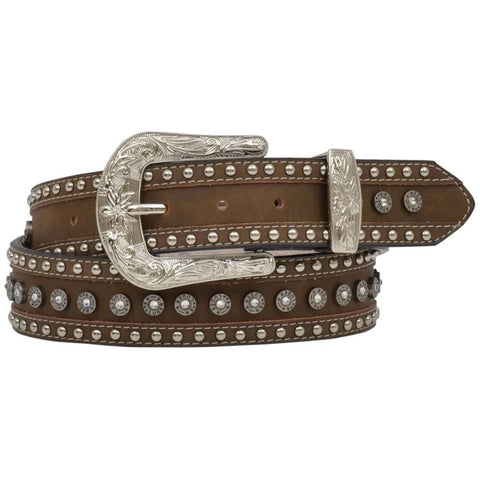 Brown leather belt with silver studs and buckle