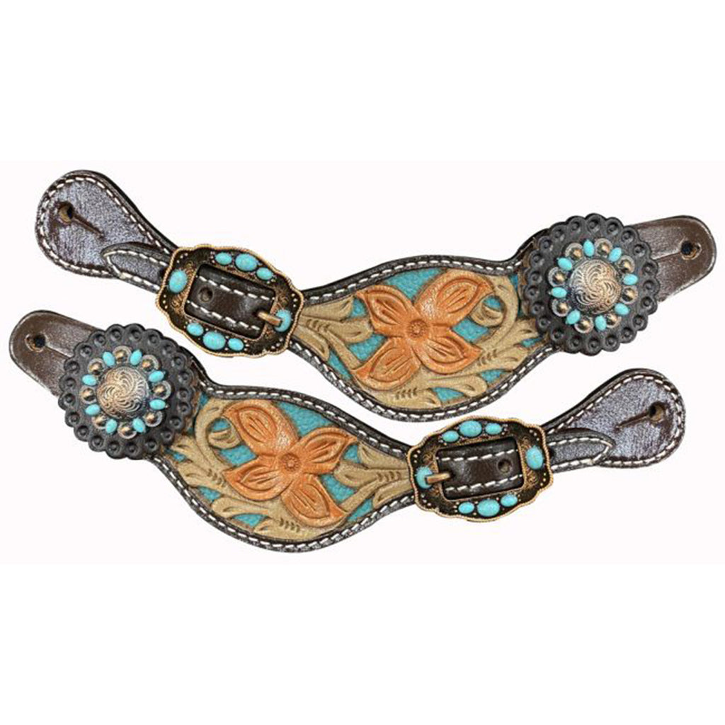 Floral tooled spur straps with teal inlay with turquoise stones