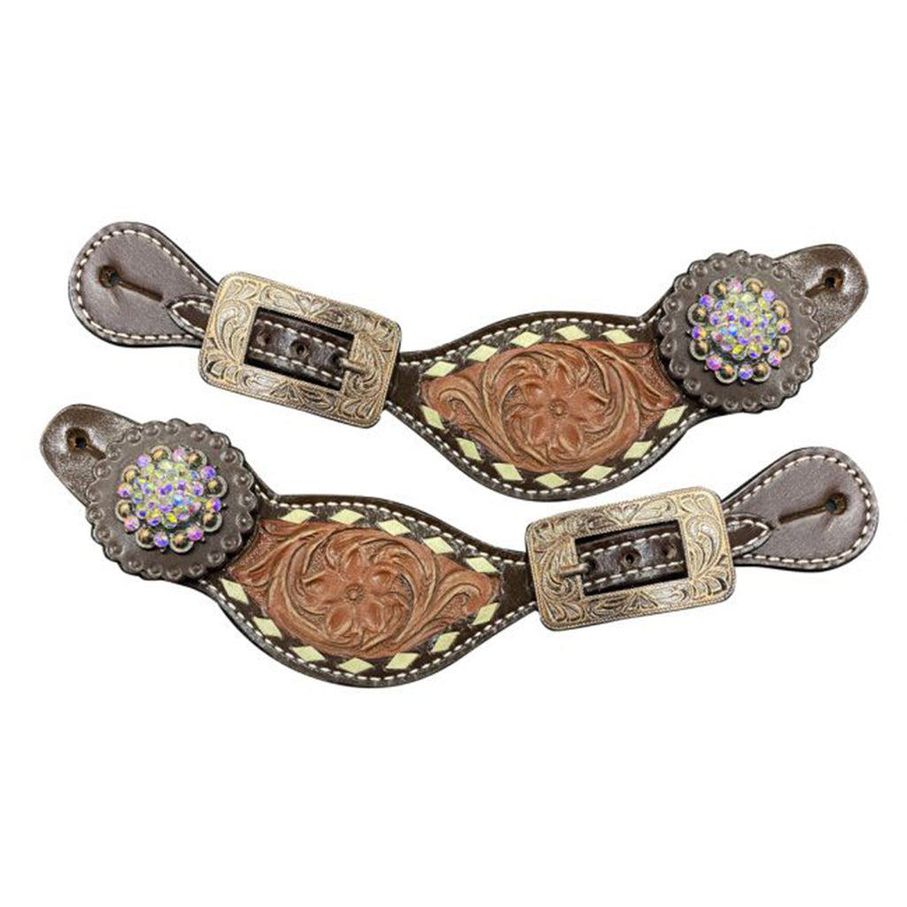 Spur Straps with floral tooling and bling conchos