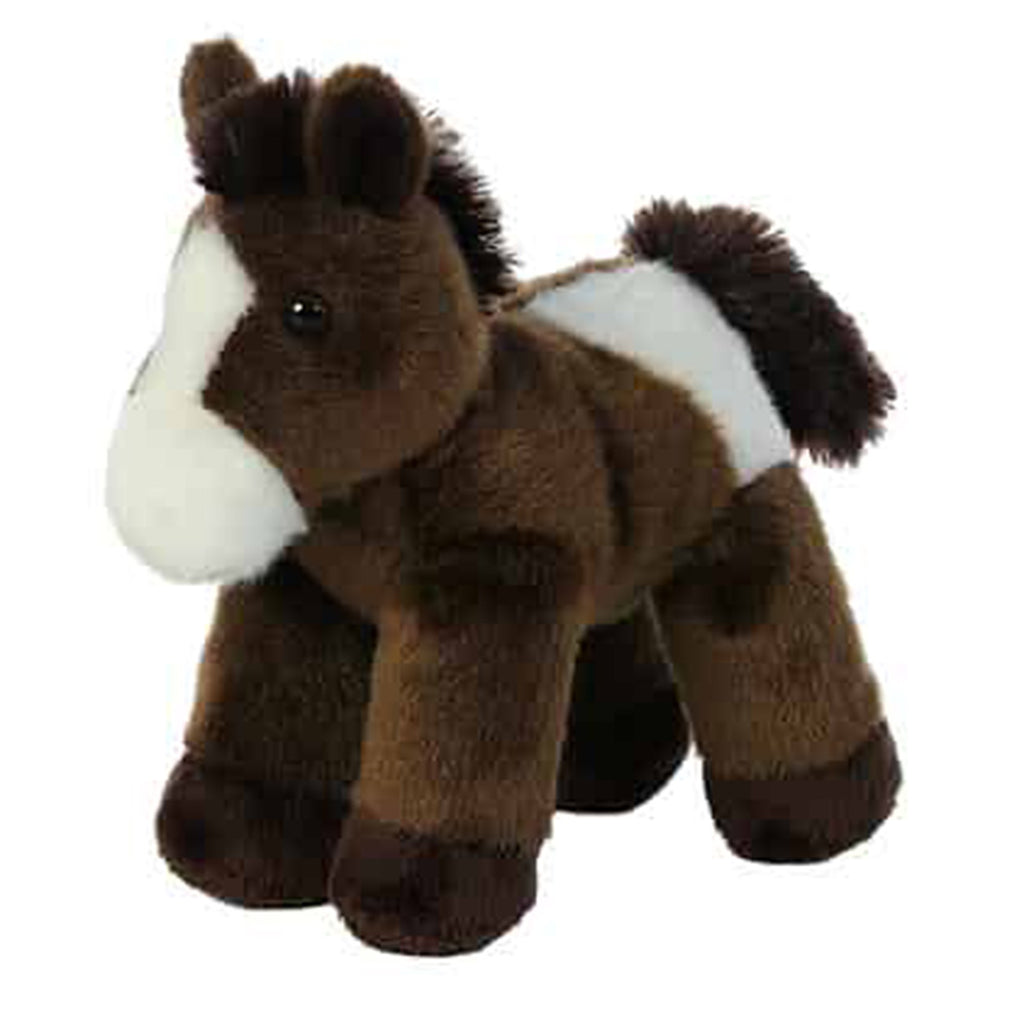 Plush horse toy with brown and white fur