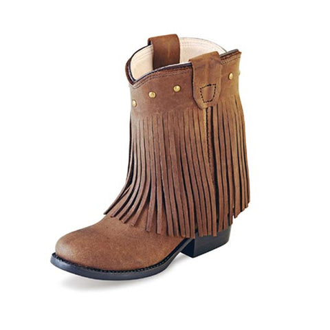 Toddler's Leather Fringed Western Boots - Chocolate Nubuck Color- Round Toe