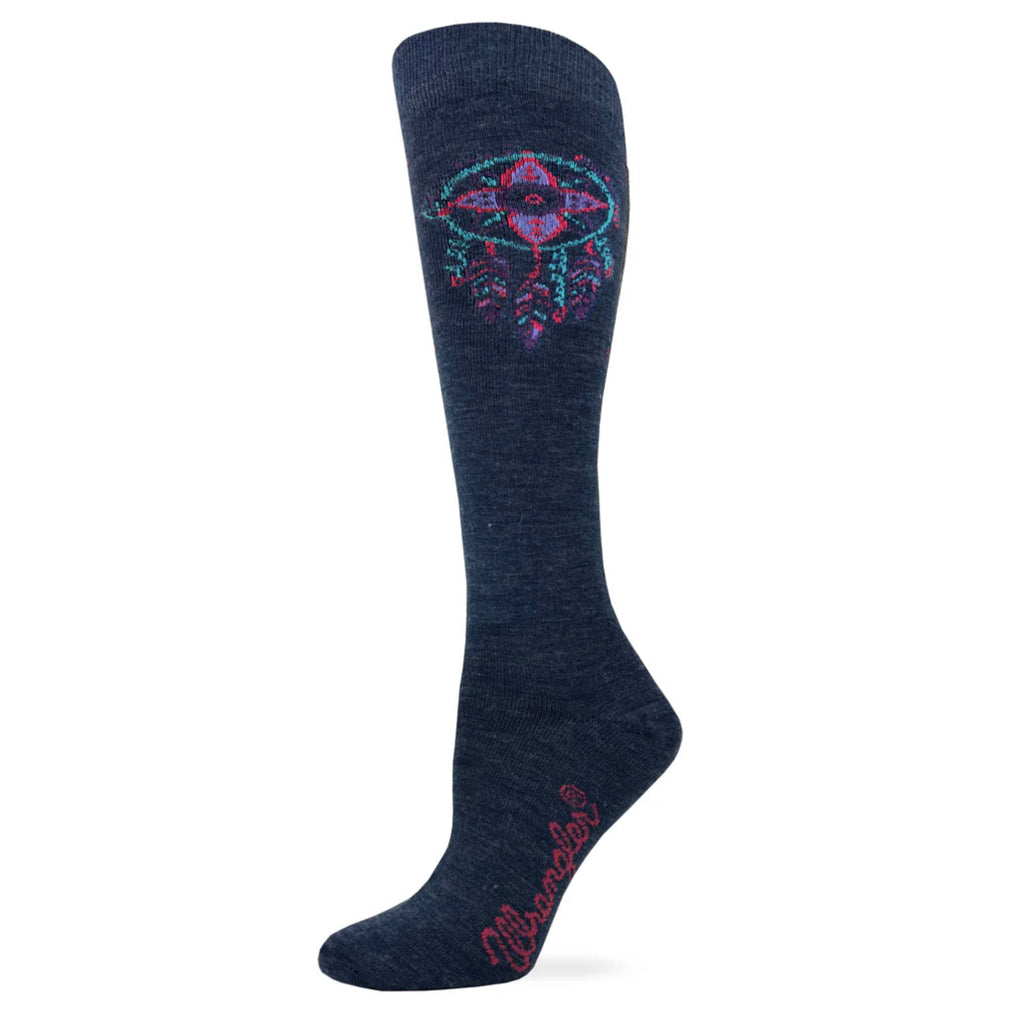 Side view of denim dreamcatcher socks. 