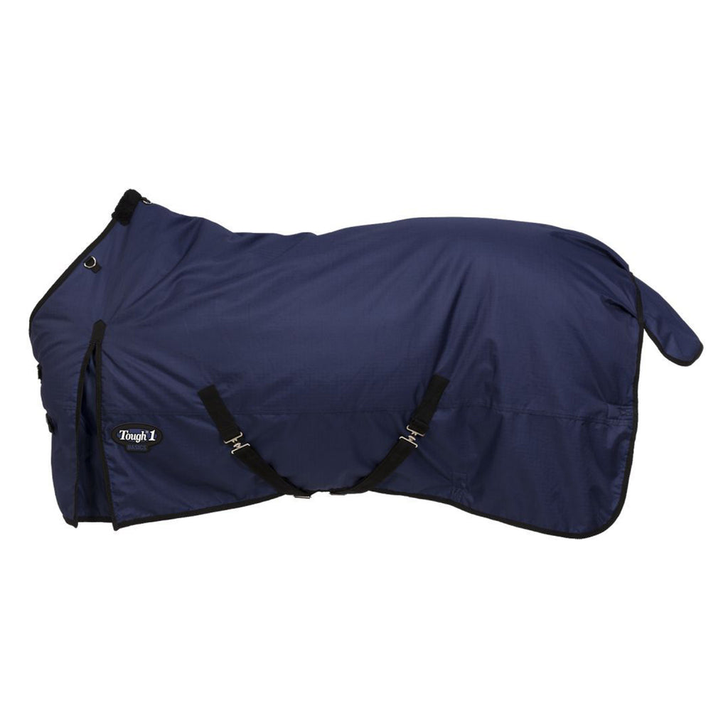 Tough 1 Basic 1200D Navy Blue Turnout Blanket with waterproof design and secure straps on white background.
