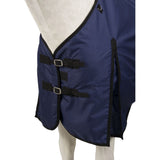 Close‑up of Tough 1 Basic 1200D Navy Blue Turnout Blanket highlighting stitching, hardware, and waterproof material on white background.