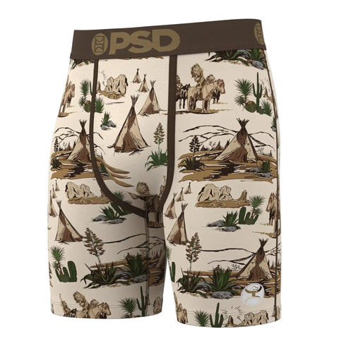 Men’s Hooey Vintage boxer briefs with Brown Comanche Western print, soft waistband, and breathable stretch fabric