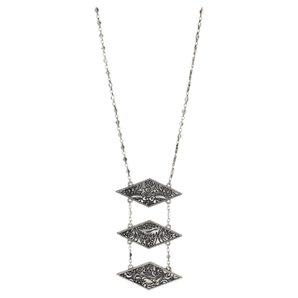Close up view of Justin Long Silver Triple Diamond Necklace 