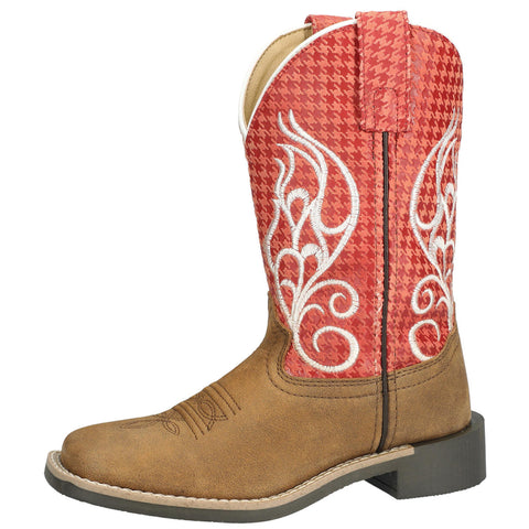 Kid's Rodeo Brown Distress/Rust Leather Western Boot with White Embroidery from Smoky Mountain Boots