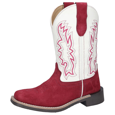 Kids cowboy boots with Red suede vamp and white shaft with western stitching