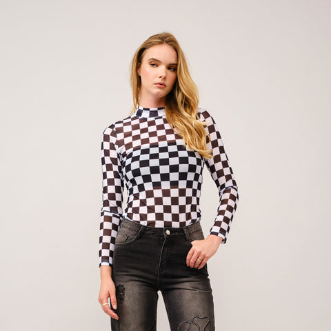 Black and White Checkered Long Sleeve Mesh Top