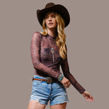 Brown Cowgirl Print Mesh Mock Neck Top