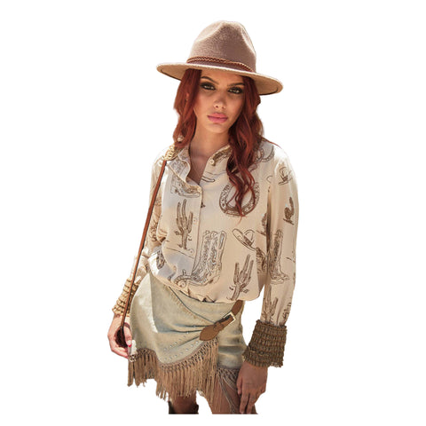 women's taupe colored shirt with desert graphics