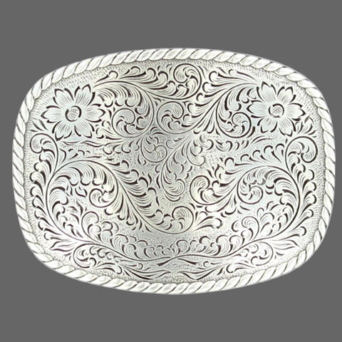 Silver Rectangle Floral Scroll Engraved Buckle
