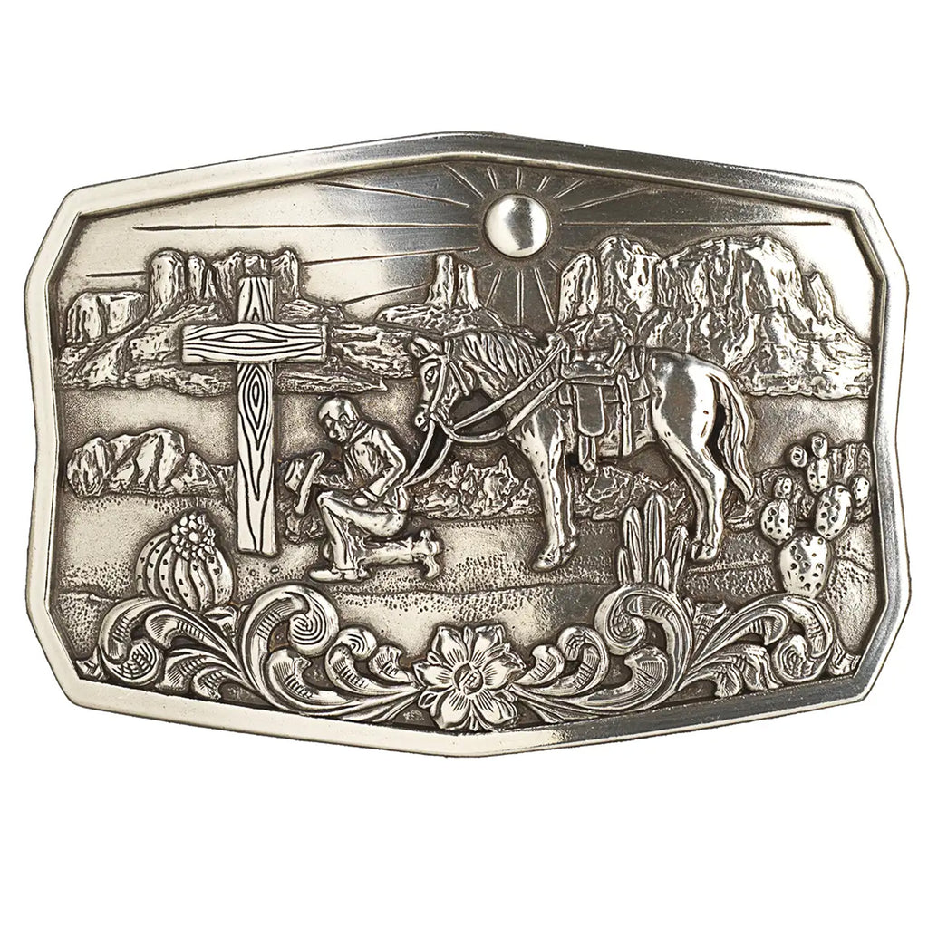 Praying Cowboy Antique Silver Buckle with engraved cactus and cowboy prayer motif on white background.