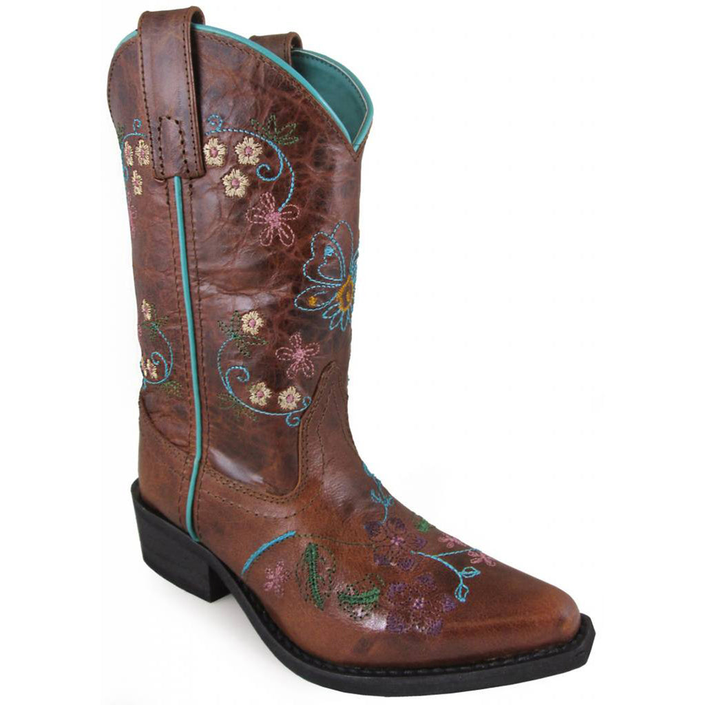 Brown Round Toe Kids boot with flower design