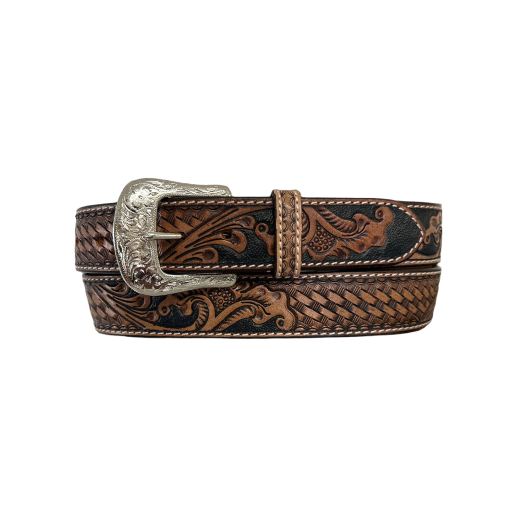 Floral and Basket Tooled Antique Finish Belt