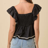 Women's Black Peplum With White Rope Embroidery Shirt