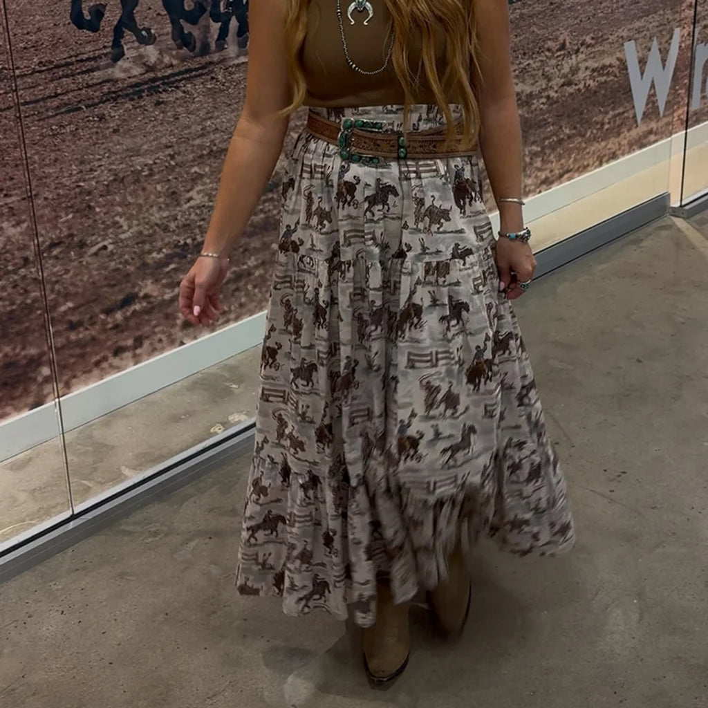 Front side view of woman wearing the Ole West Cowboy Skirt.