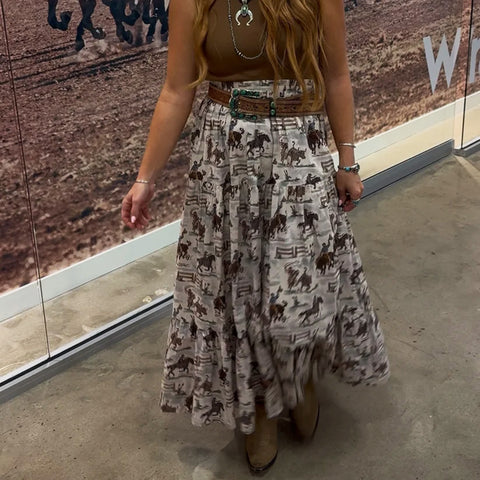 Front side view of woman wearing the Ole West Cowboy Skirt.