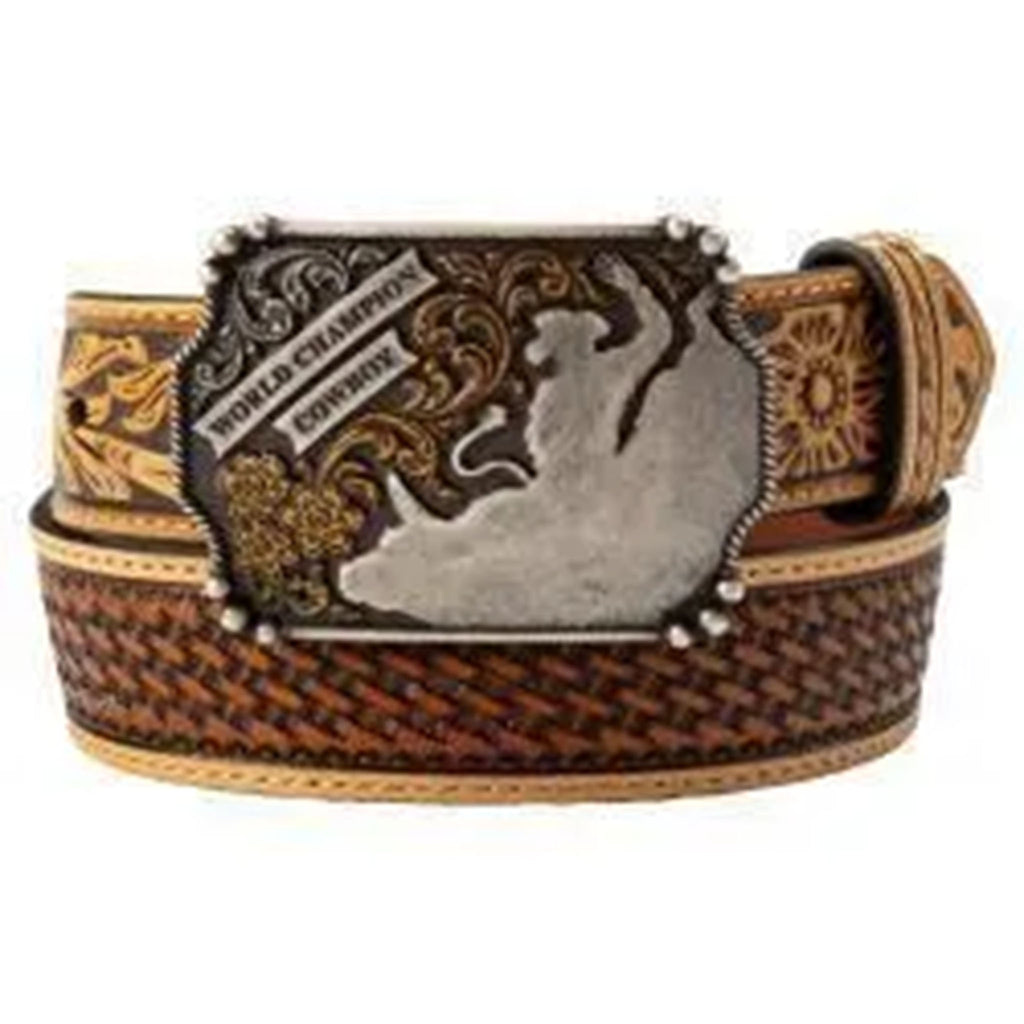 Coiled up front view of 3D Kid's Natural Brown Basket Weave Belt 