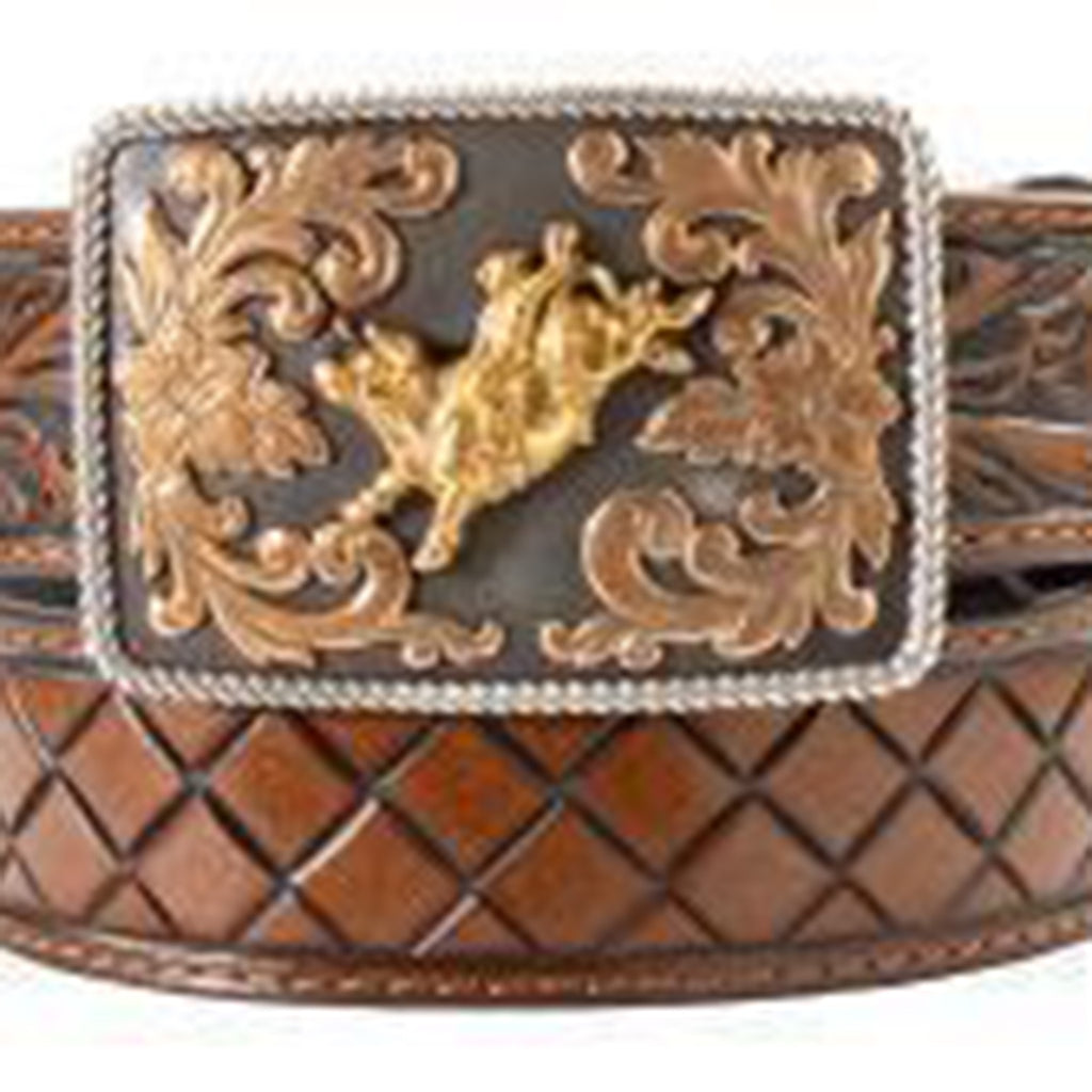 Brown embossed body with floral embossed billets. The buckle features a bull rider motif in antique gold in the center with raised floral engraving in pearl copper around the bull rider.