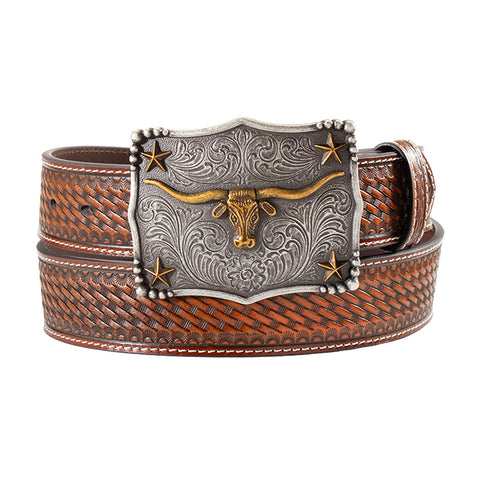 Men’s basket weave leather belt with silver longhorn buckle displayed on a white background, showing the tooled pattern.