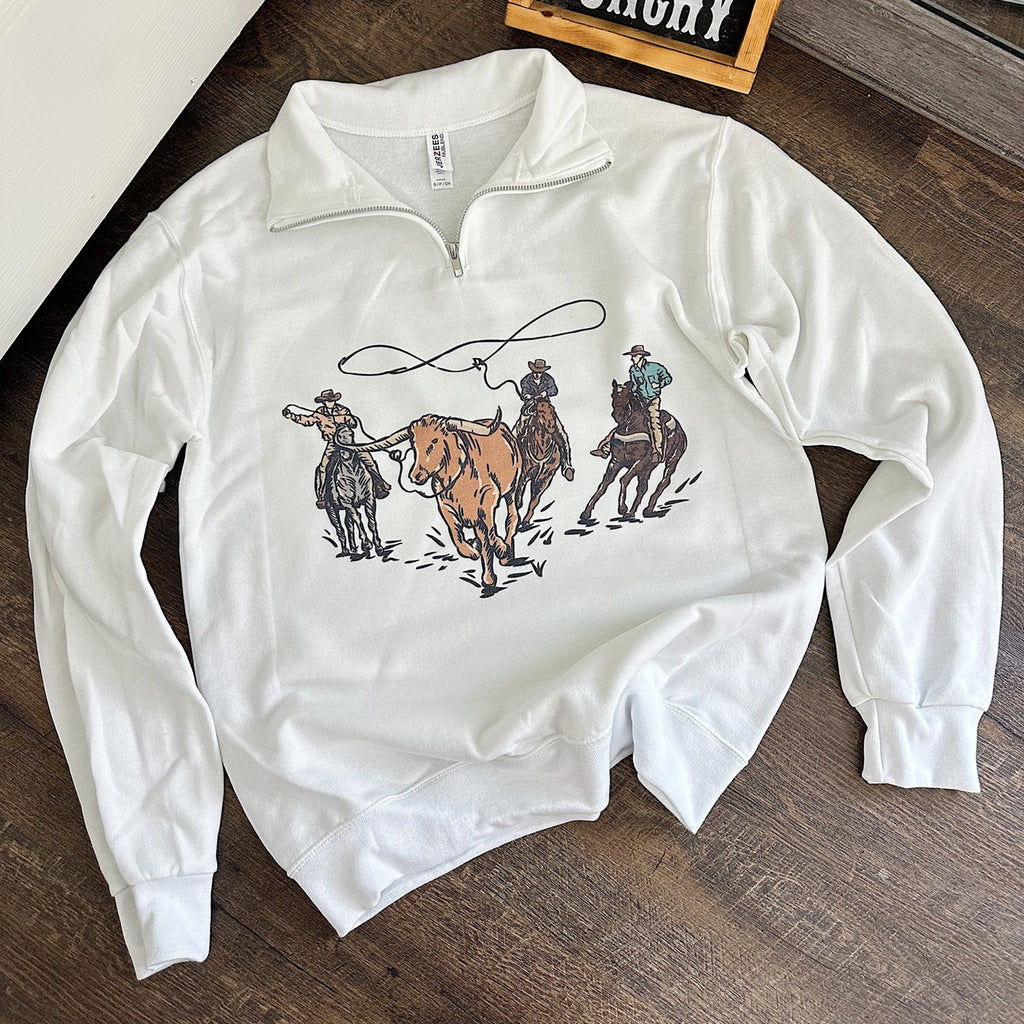 White quarter zip hoodie with wild cowboys riding a long horn steer printed in color. 