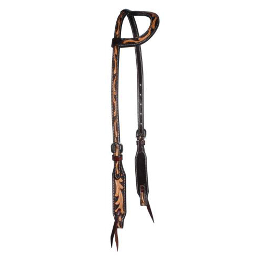 Black and brown floral tooled one ear headstall on black background.