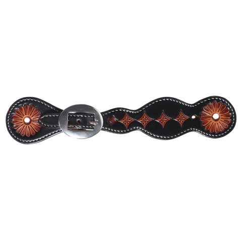 Diamond tooled spur strap with silver buckle on white background.