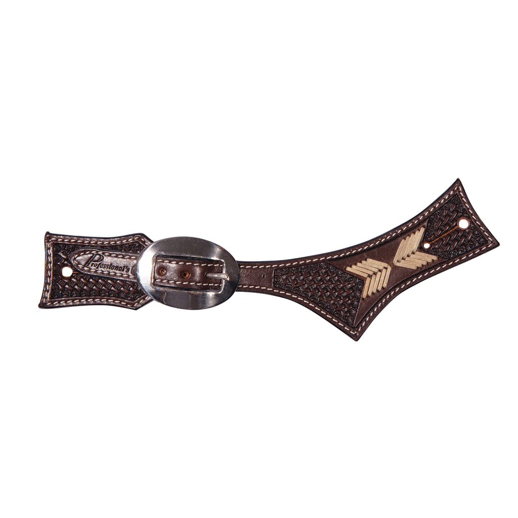 Brown leather spur strap with decorative buckle on a white background