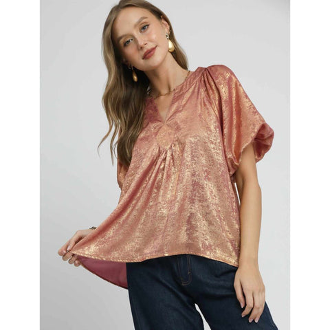 Front View of Model wearing a Rose Gold Metallic Puff Sleeve Blouse