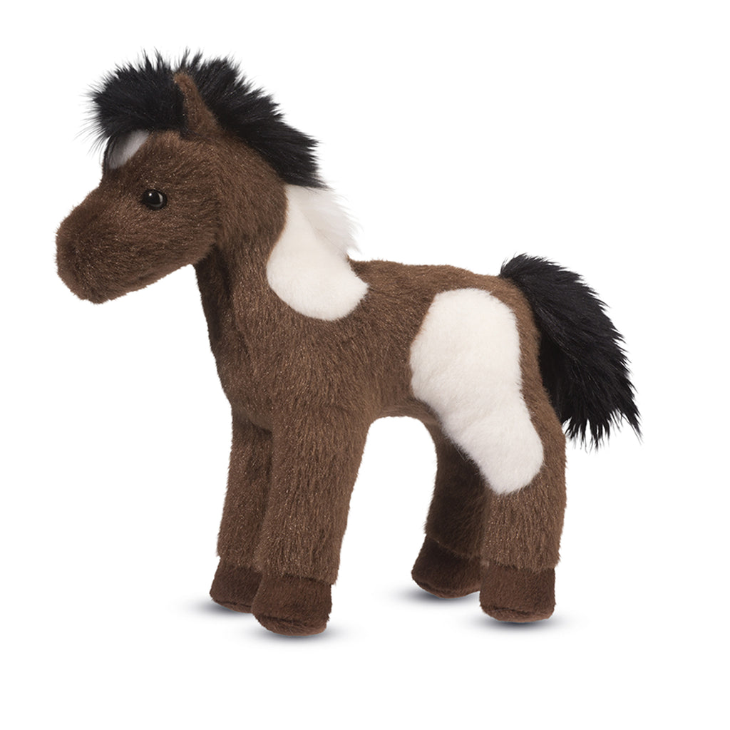 a stuffed animal horse with brown & white body & black mane & tail