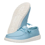 women's blue stretch canvas shoes side and sole view