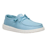 women's blue stretch canvas shoe medial view