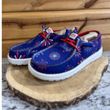 Navy Hey Dudes with Firework Graphics on it