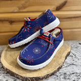 Navy Hey Dudes with Firework Graphics on it