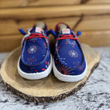 Navy Hey Dudes with Firework Graphics on it