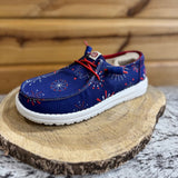 Navy Hey Dudes with Firework Graphics on it