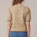 Back side of Taupe & Brown Polka Dot Scallop Sweater 