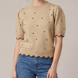 Front side of Taupe & Brown Polka Dot Scallop Sweater 