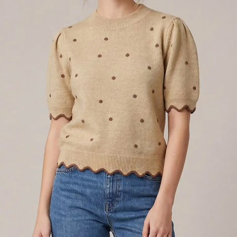 Front side of Taupe & Brown Polka Dot Scallop Sweater 