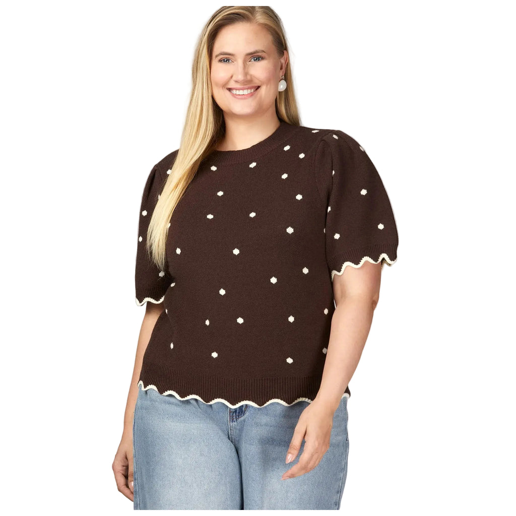 Front side view of Brown polka dot sweater.