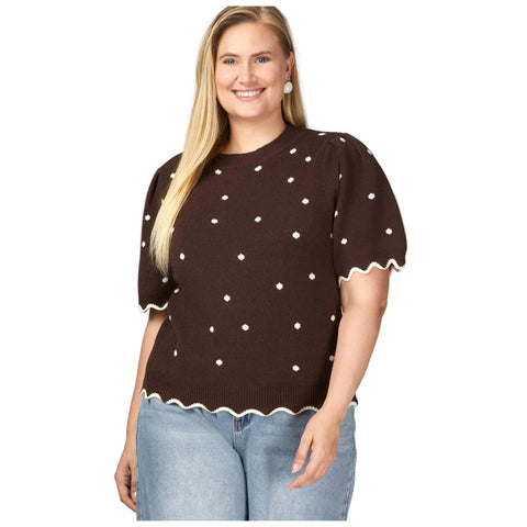 Front side view of Brown polka dot sweater.