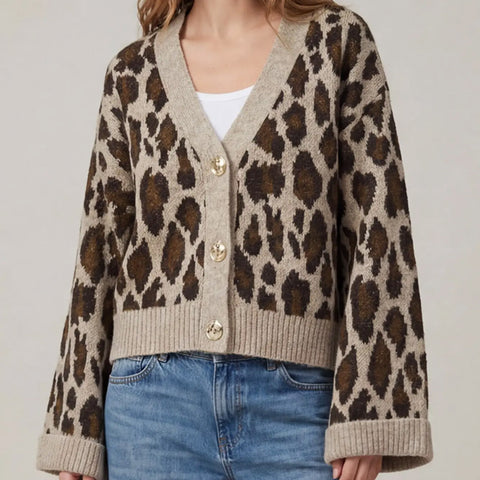 Front side of Cheetah Print Sweater Cardigan 