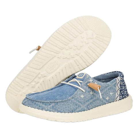 women's blue textile upper sneakers with branding on the back heel tab