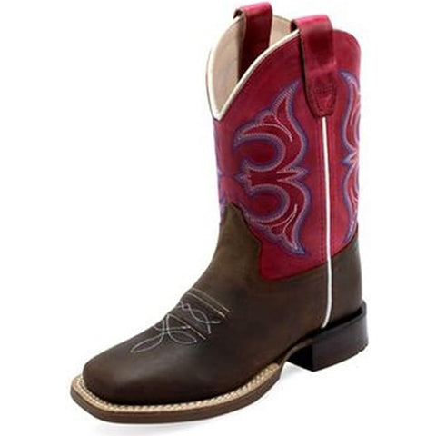 Front and side view of red and brown kids square toe boots. 